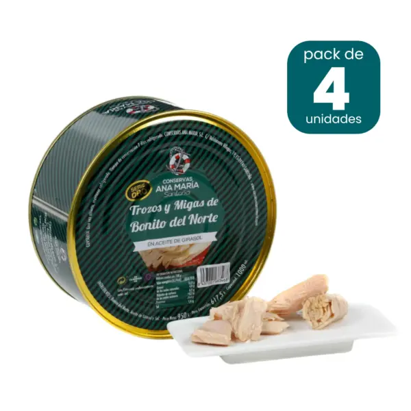 Trozos y migas de Bonito del Norte en aceite de girasol 950g caja de 4